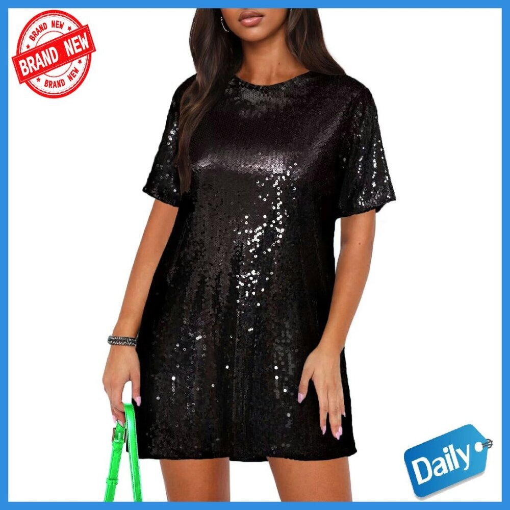 Sequin Backless T-Shirt Dress Short Sleeve Party Club Mini